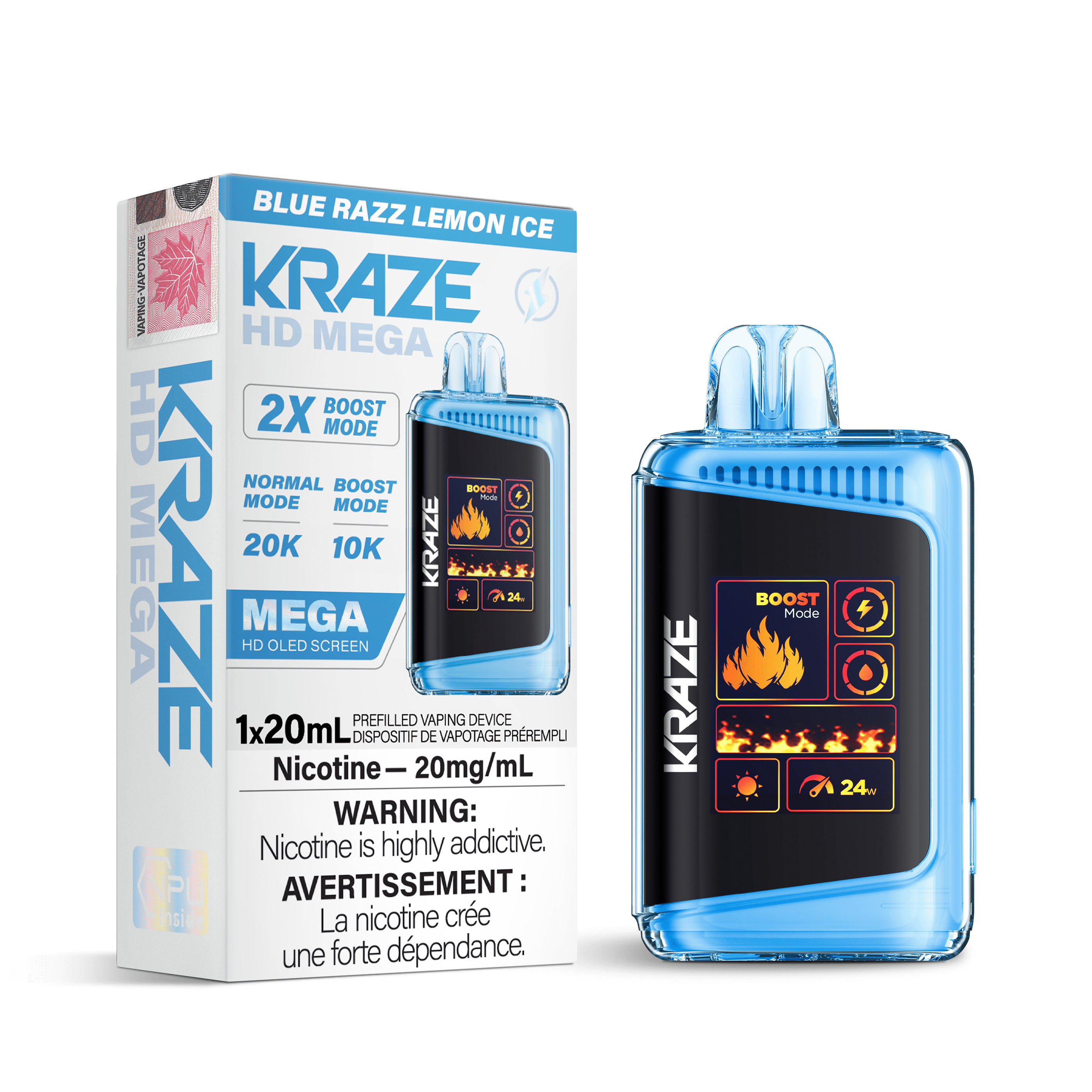 Kraze HD Mega - Blue Razz Lemon Ice Disposable Vape available on Canada online vape shop