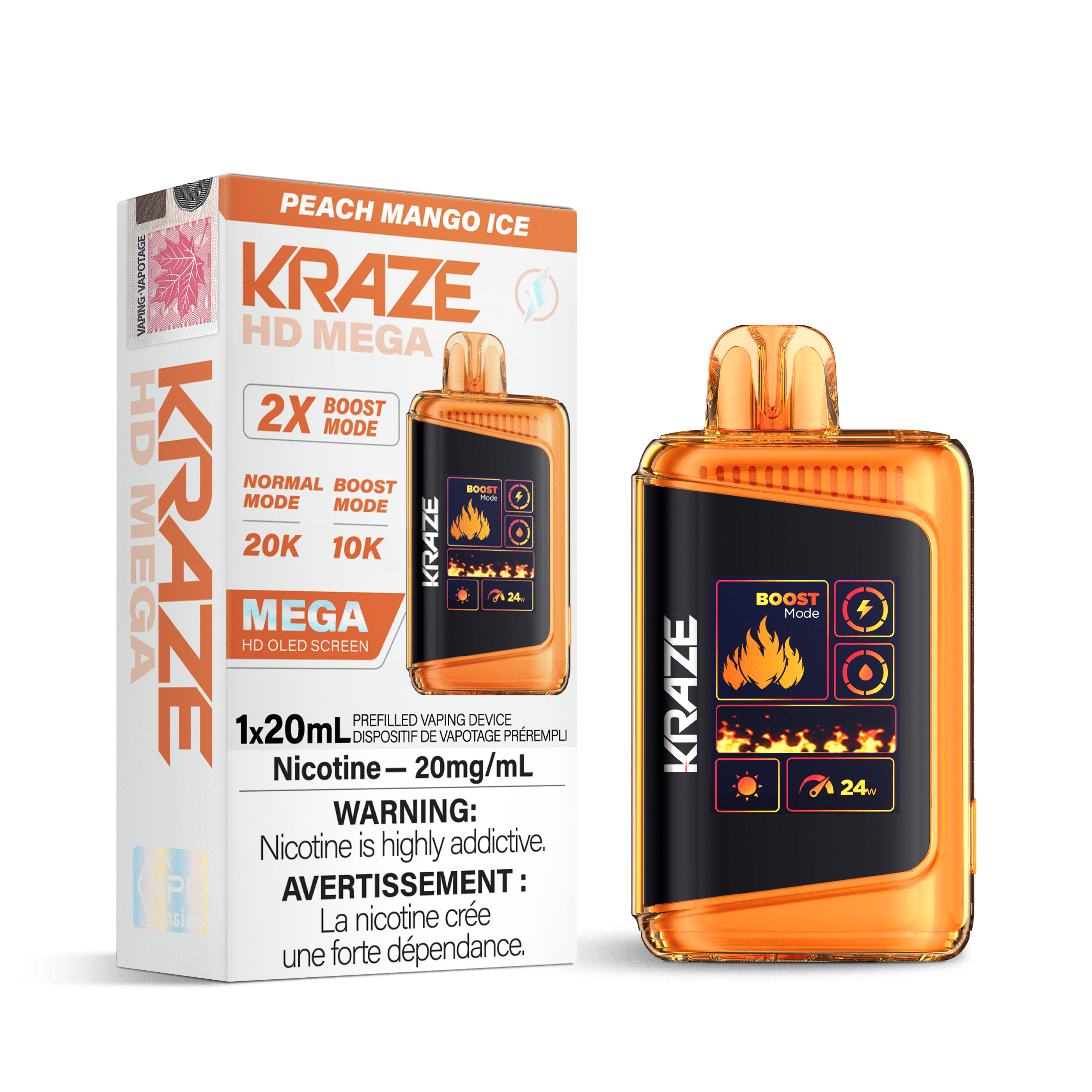 Kraze HD Mega - Peach Mango Ice Disposable Vape available on Canada online vape shop