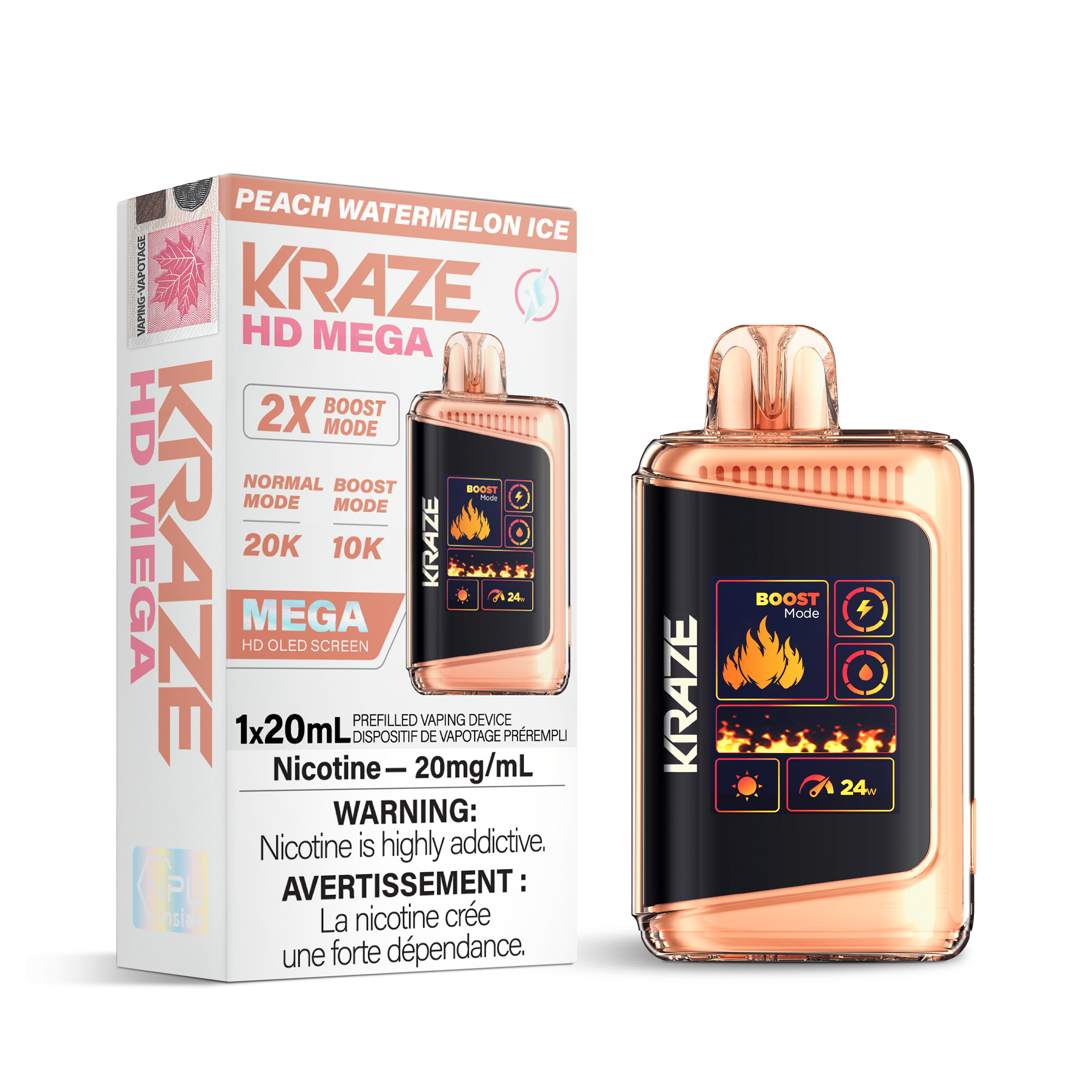 Kraze HD Mega - Peach Watermelon Ice Disposable Vape available on Canada online vape shop