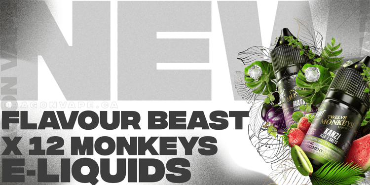 Flavour Beast x 12 Monkeys E-Liquids. Bold text reads 'NEW' with colorful vape bottles surrounded by fruit and leaves.