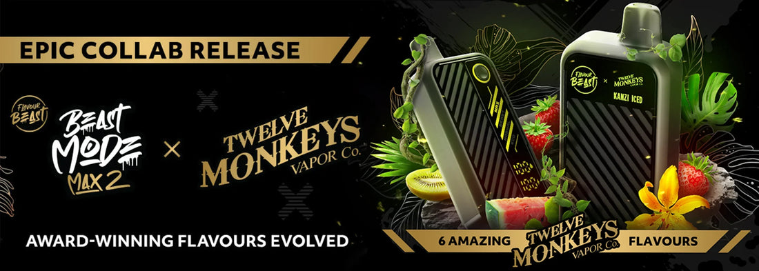 image for an epic collaboration featuring Beast Mode Max 2 and Twelve Monkeys Vapor Co. Two vape devices are surrounded by tropical fruits and lush green leaves against a black background. 