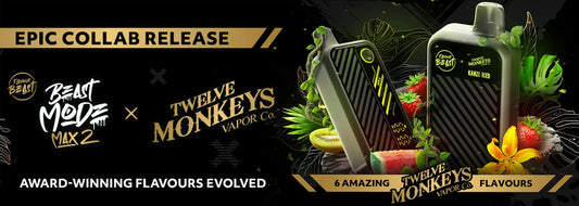 image for an epic collaboration featuring Beast Mode Max 2 and Twelve Monkeys Vapor Co. Two vape devices are surrounded by tropical fruits and lush green leaves against a black background. 