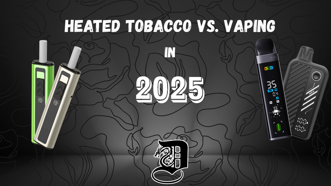 Heated tobacco and vaping devices against a dark floral background with bold text "Heated Tobacco vs. Vaping in 2025." Modern and sleek tone. and dragonvape logo