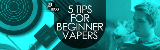 "5 tips for beginner vapers" written on abstract background with boy vaping while sitting on sofa