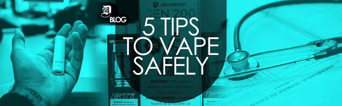 "5 tips to vape safely" written on collage made up of doctors equipment and vaping devices
