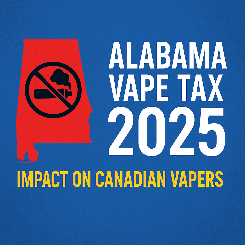 Blue background with red Alabama silhouette featuring a vape prohibition symbol. Text reads "Alabama Vape Tax 2025, Impact on Canadian Vapers