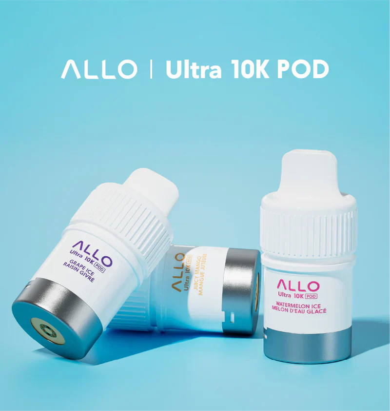 Three Allo Ultra 10K vape pods are shown on a light blue background. The pods display different flavors, including Grape Ice and Watermelon Ice.