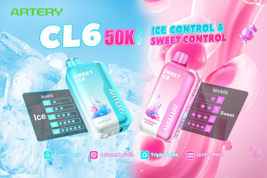 Vibrant advertisement for Artery CL6 with 50K puffs. Features two vape devices—one blue for 'Blue Razz' and one pink for 'Strawberry Banana'—against an icy and pink swirl background. Highlights include ice and sweet control levels