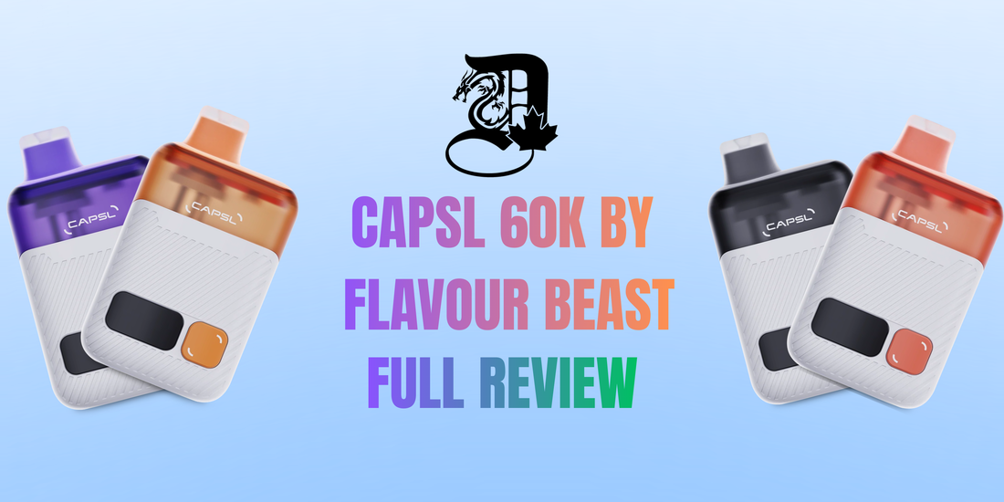A set of colorful CAPSL 60K vape devices in purple, orange, and black against a light blue background. Bold text reads, "CAPSL 60K by Flavour Beast Full Review.