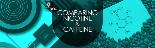 "comparing nicotine to caffeine" written on abstract background with coffee beans spilled with piece of paper showing caffeine chemical