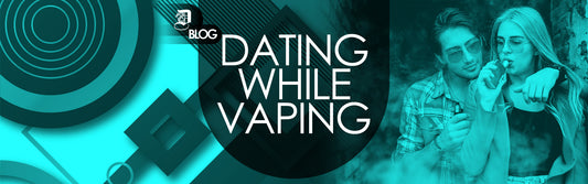 "dating while vaping" written on collage of abstract background and young couple vaping