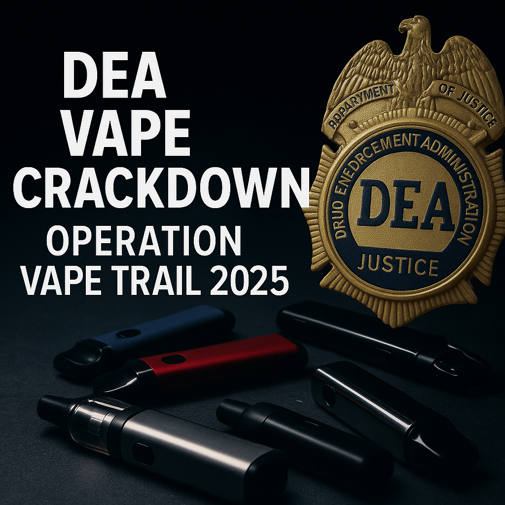 Gold DEA badge next to various vape pens on a dark surface. Text reads "DEA Vape Crackdown, Operation Vape Trail 2025," conveying enforcement action.