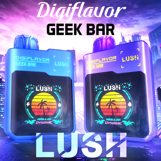 Futuristic-themed image showcasing two vibrant Digiflavor Geek Bars, one blue and one purple, with retro sunset graphics and city skyline backdrop.