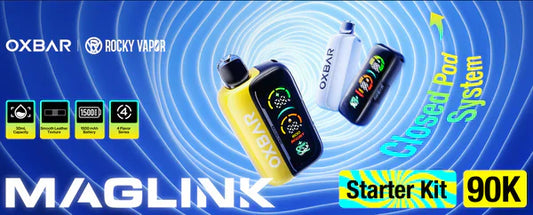 Advertisement for OXBAR Maglink Closed Pod System Starter Kit. Features vibrant yellow and white vape devices with digital displays, set against a swirling blue background. Highlights include 15,000 puff capacity and 1500mAh battery.