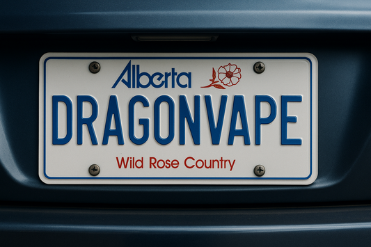 Close-up image of an Alberta car license plate displaying the custom text “DRAGONVAPE,” mounted on a blue vehicle with the Wild Rose Country emblem visible