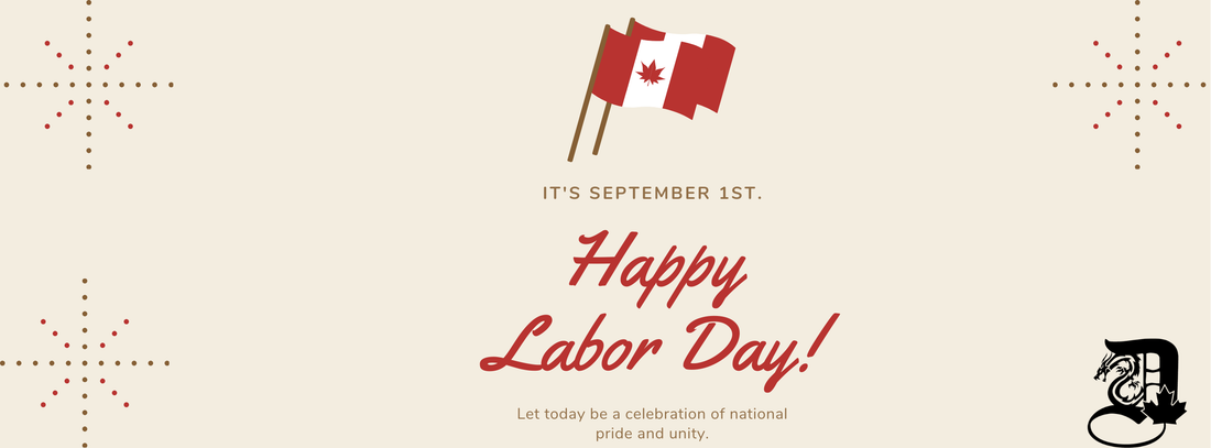labor Day greeting featuring a small waving Canadian flag above the words 'Happy labor Day!' on a beige background with decorative red and brown elements, conveying a festive and patriotic tone.
