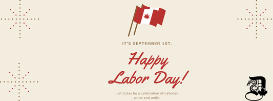 labor Day greeting featuring a small waving Canadian flag above the words 'Happy labor Day!' on a beige background with decorative red and brown elements, conveying a festive and patriotic tone.