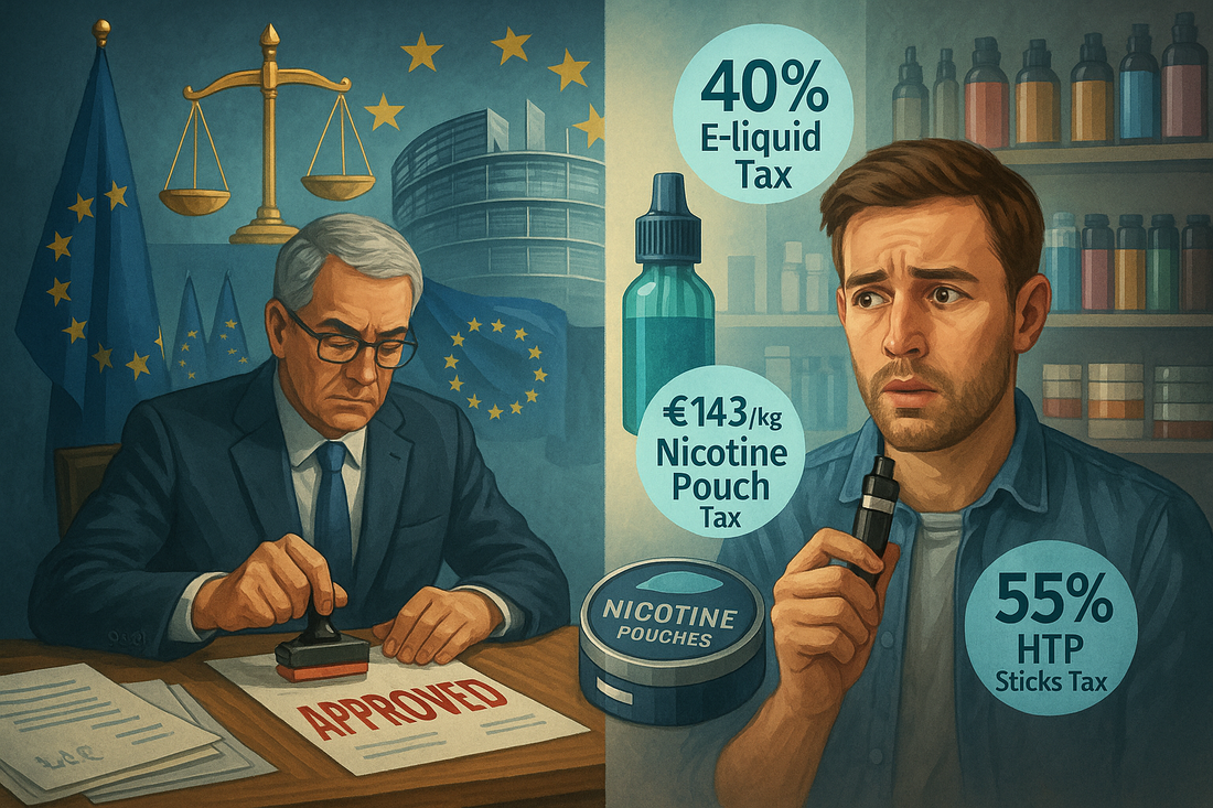 A stern official stamps "Approved" on documents beside EU symbols, scales of justice in the background. A worried man, surrounded by tax info on e-liquids, nicotine pouches, HTP sticks, holds a vape pen.