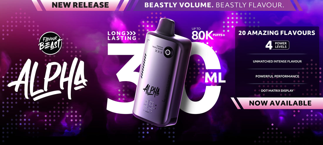 New release of "Flavour Beast Alpha" vape in purple, featuring bold text of "30 ML" and "80K puffs", highlighting 20 flavors with a sleek design.