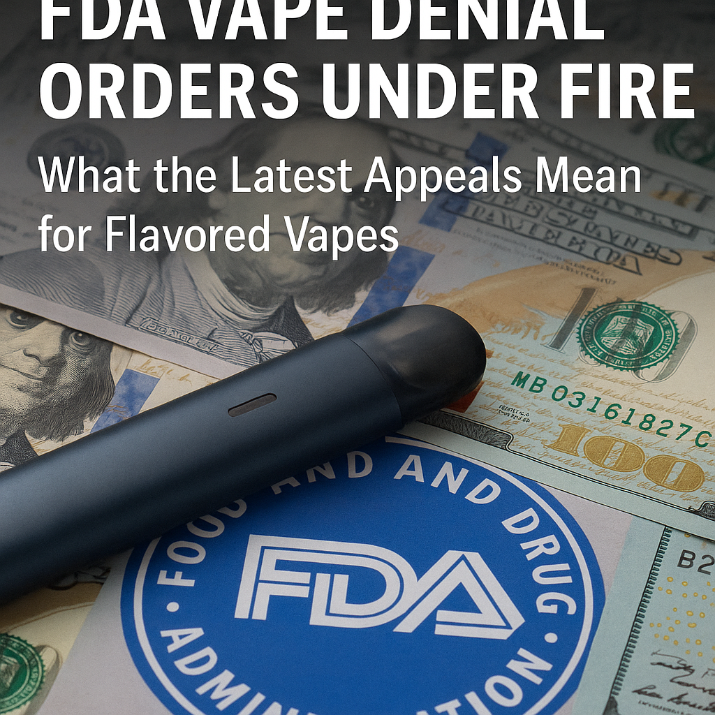 Close-up of a vape pen on U.S. currency and an FDA logo. Overlaid text reads, "FDA Vape Denial Orders Under Fire," discussing flavored vape appeals.