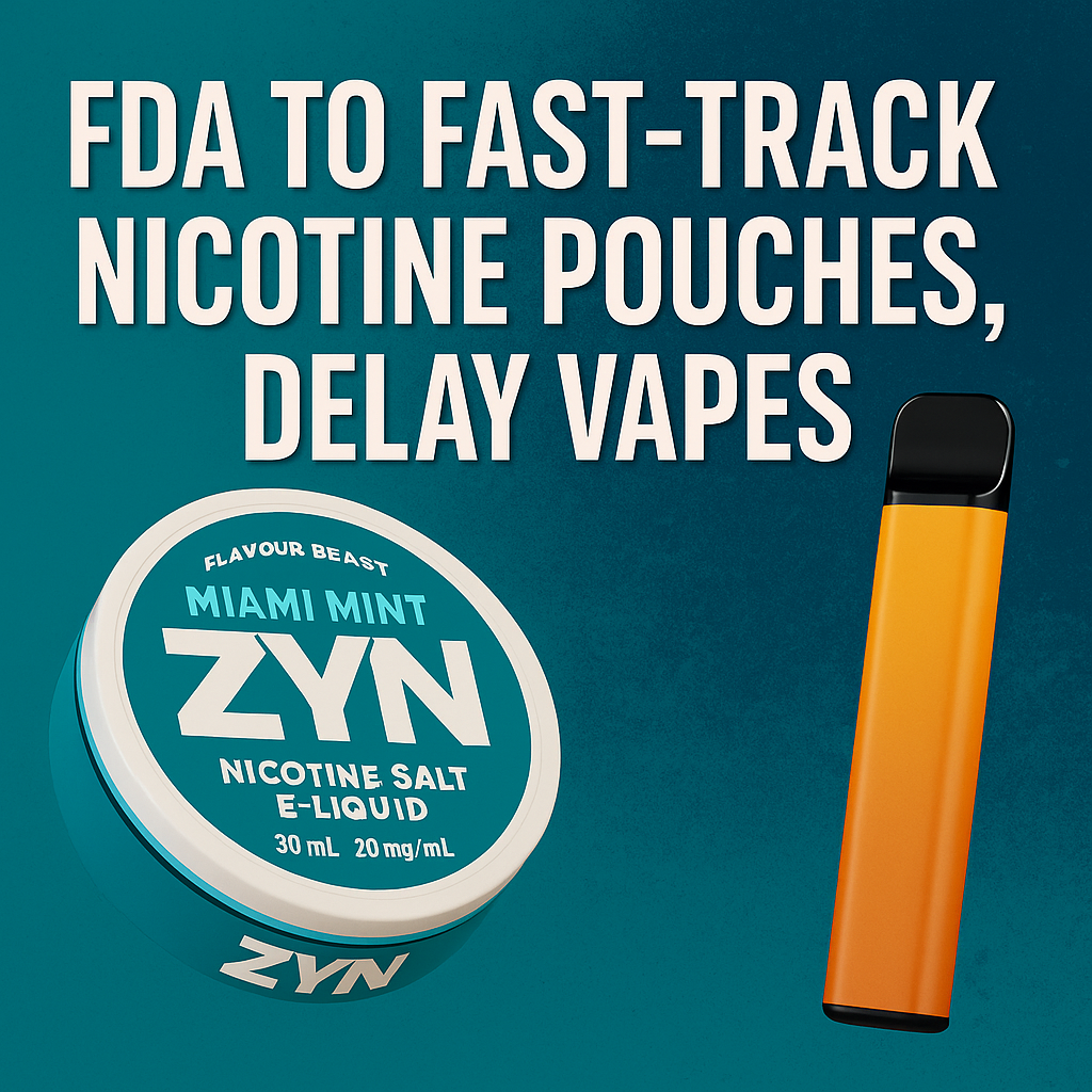 FDA announcement on a teal background: "FDA to fast-track nicotine pouches, delay vapes." Includes a Zyn nicotine pouch and an orange vape pen.