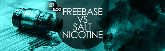 "Nic Salt vs. freebase vape juice" written on background with vape juice coming out of vape tank