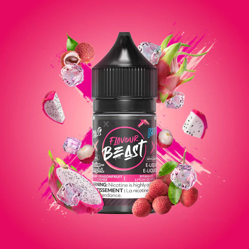 A vibrant e-liquid bottle labeled "Flavour Beast" on a hot pink background, surrounded by dragon fruit, lychees, and ice cubes, conveying freshness.