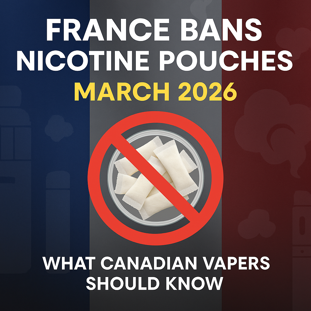 Graphic showing 'France Bans Nicotine Pouches March 2026' over a background in blue, white, and red. A nicotine pouch icon is crossed out, signaling the ban. Text below reads 'What Canadian Vapers Should Know.