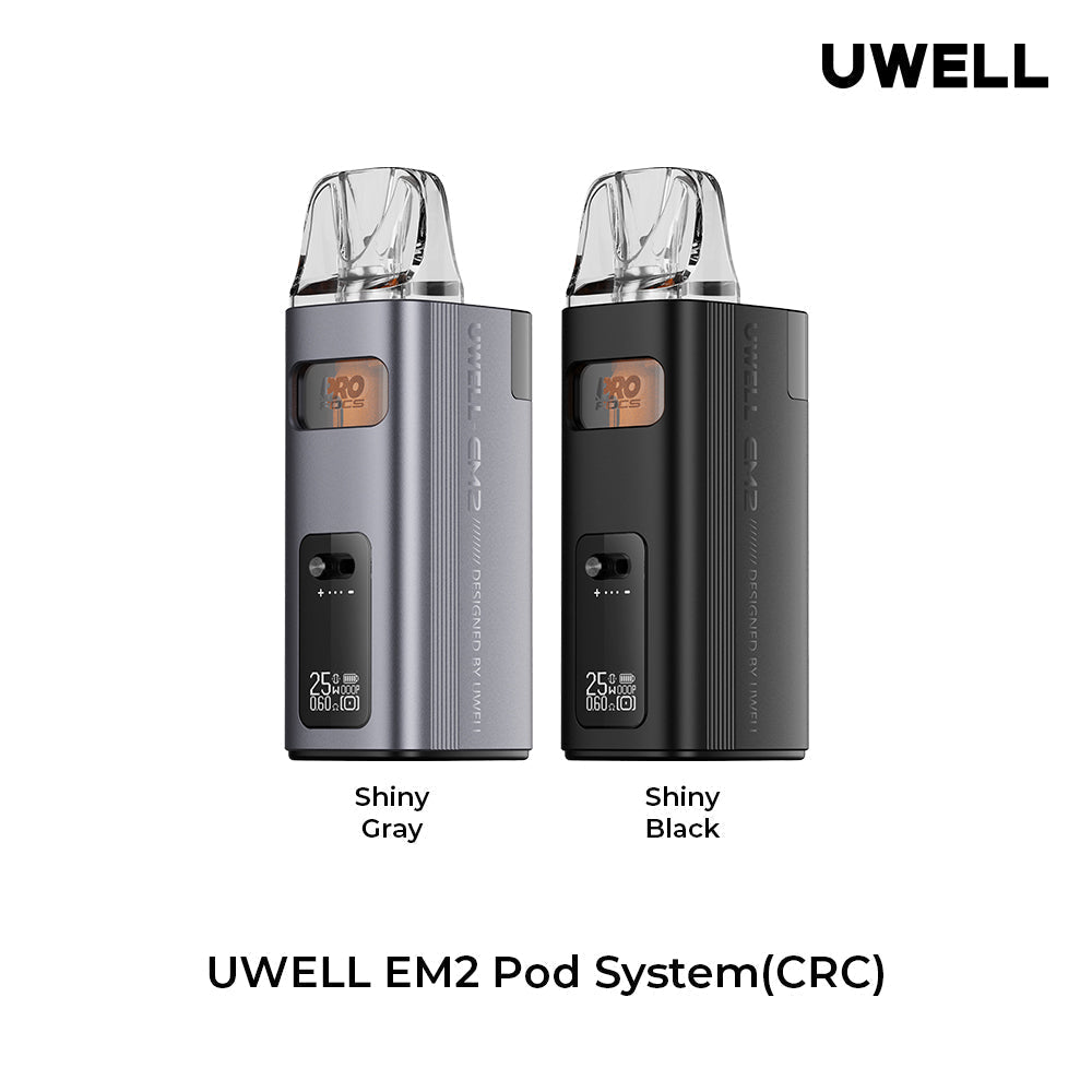 Two UWELL EM2 pod systems are shown, one in shiny gray and one in shiny black. Both feature sleek designs with digital displays.