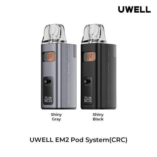 Two UWELL EM2 pod systems are shown, one in shiny gray and one in shiny black. Both feature sleek designs with digital displays.