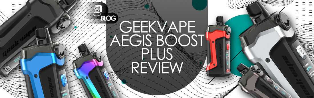 "geekvape aegis boost plus review" written on bright abstract background with geekvape argis boost plus vaping devices spread around