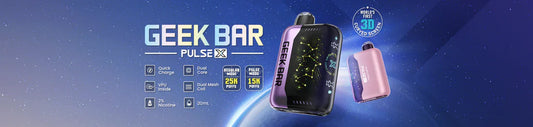 mage for Geek Bar Pulse X vape pen. Features include quick charge, dual mesh coil, and 20ml capacity. Product shown in space-themed background with glowing lights.