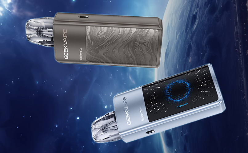 Geekvape Digi-Q Vista pod systems in gray and blue, showcasing sleek design and digital aesthetics, floating against a starry backdrop—highlighting modern vape technology available in Ontario with same-day delivery from Dragon Vape.