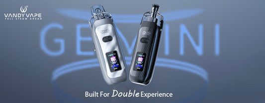 Two sleek Vandy Vape GEMINI devices, one silver and one black, hover over a blurred "GEMINI" text. Caption reads, "Built For Double Experience."