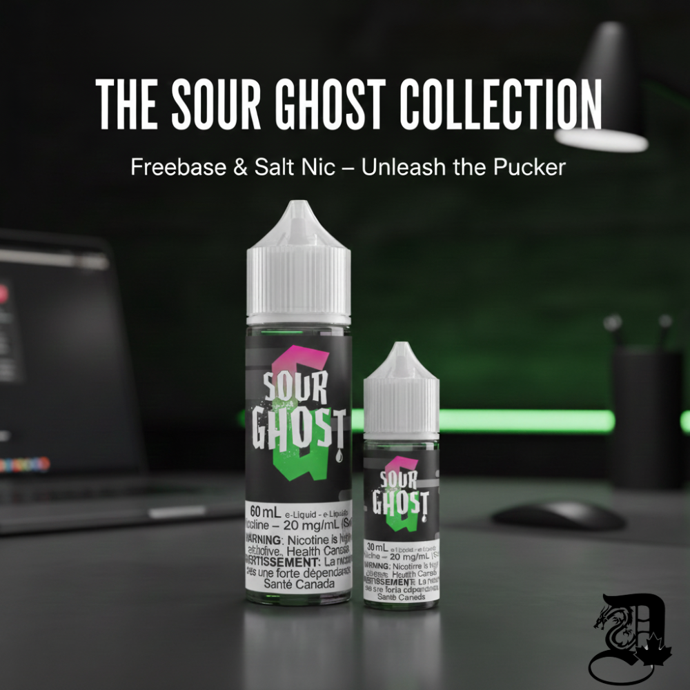 The Sour Ghost Collection" features two e-liquid bottles with vibrant labels on a dark, sleek background. Text reads Freebase & Salt Nic – Unleash the Pucker.
