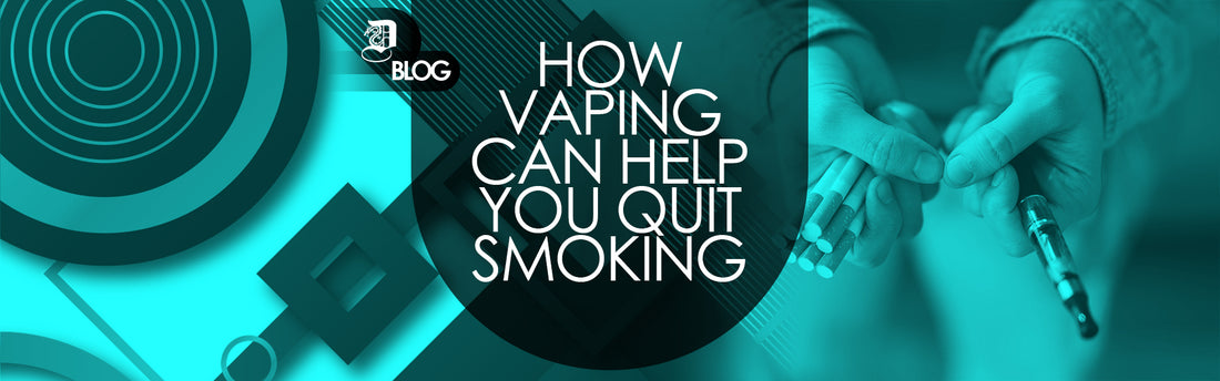 "how vaping can help you quit smoking" written on abstract background with a person holding cigarettes in one hand and a vaping device in the other hand