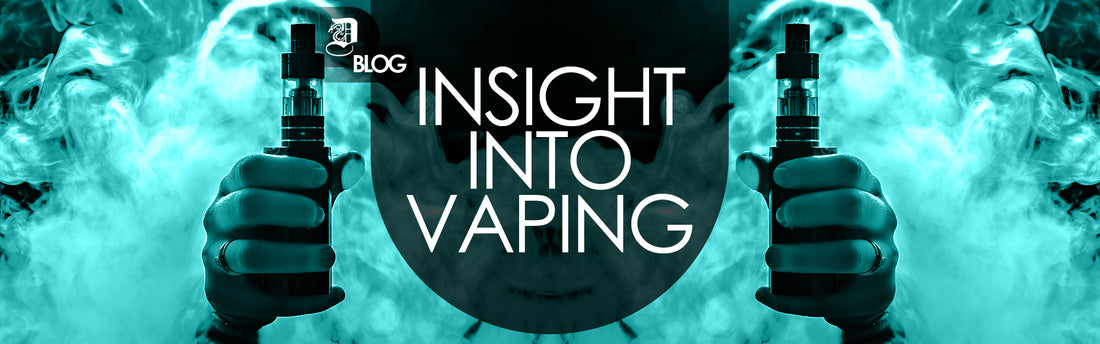 "insight into vaping" written on top of man holding 2 vaping devices with smoke around him