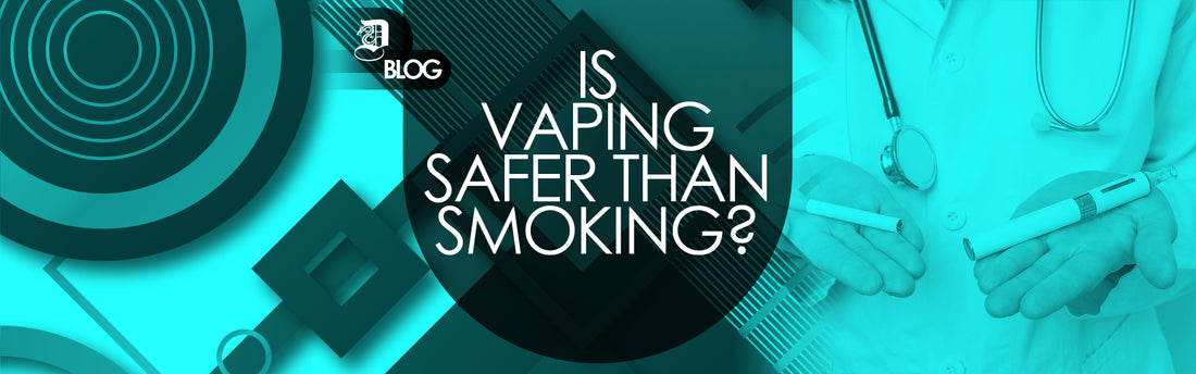 "is vaping safer than smoking?" written on abstract background with a doctor holding cigarettes in one hand and a vaping device in the other hand