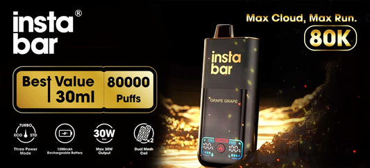 A sleek, black vape device labeled "insta bar" is showcased with gold accents. Text highlights features: "Best Value 30ml, 80000 Puffs, 1200mAh Battery, 30W Output." Mood is premium and modern.