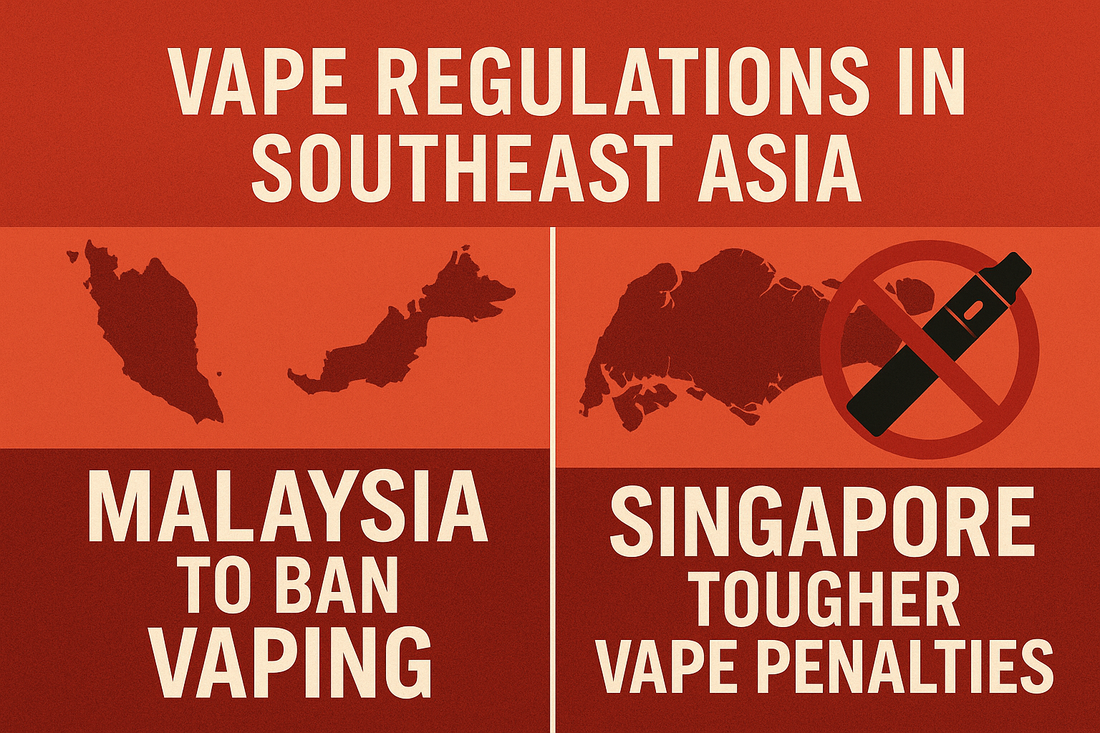 vape regulations in Southeast Asia with maps. Left: Malaysia to ban vaping. Right: Singapore with a vape symbol and a no sign, indicating tougher penalties. Bold red and orange tones emphasize urgency and restriction.
