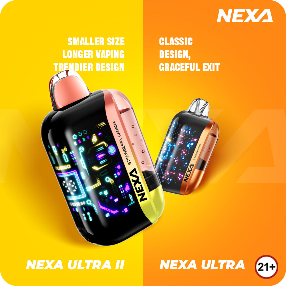 Comparison image of two Nexa vape devices on a vibrant background. The Nexa Ultra II is highlighted on a yellow side, featuring a smaller, trendier design with colorful digital graphics. The Nexa Ultra is on an orange side, showcasing a classic design. 