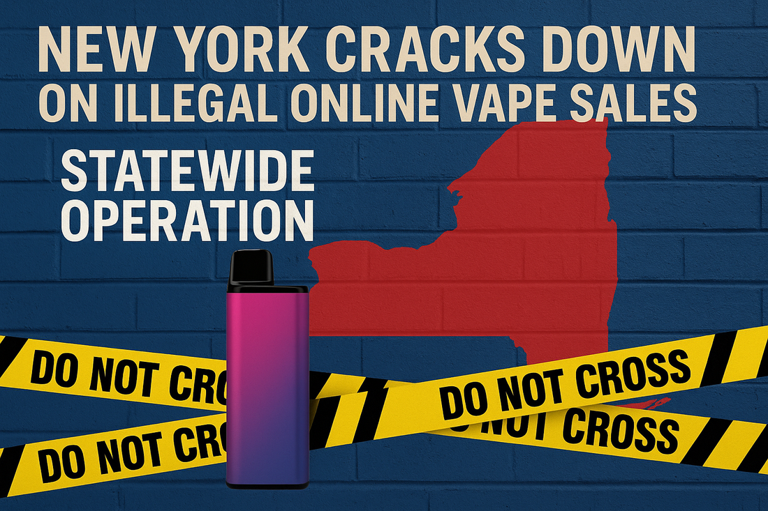 New York cracks down on illegal online vape sales; text over a red New York state silhouette with yellow "Do Not Cross" tape and a vape pen.