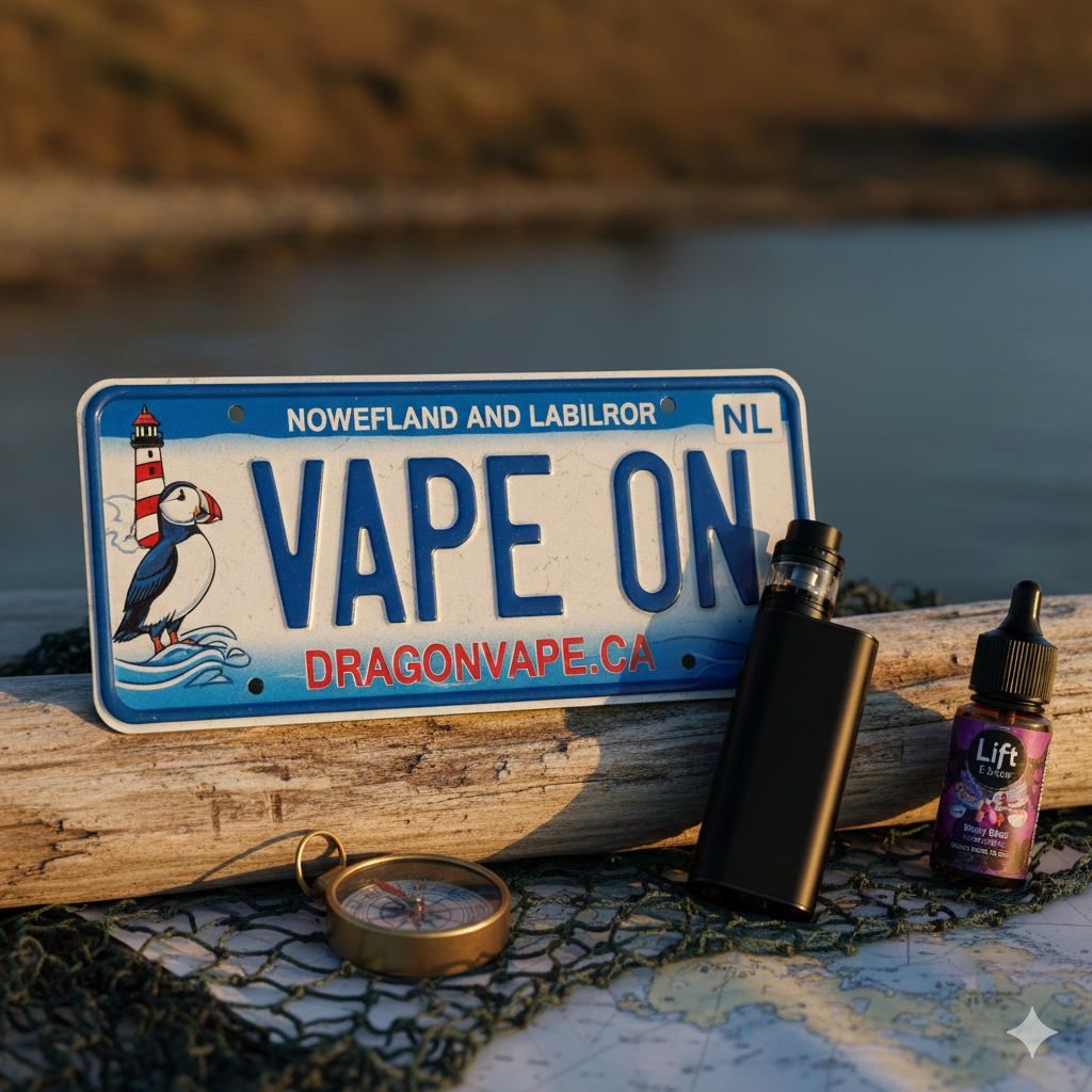 A blue and white "Vape On" license plate from Newfoundland and Labrador rests against driftwood, with a vaping device, e-liquid, and a compass nearby