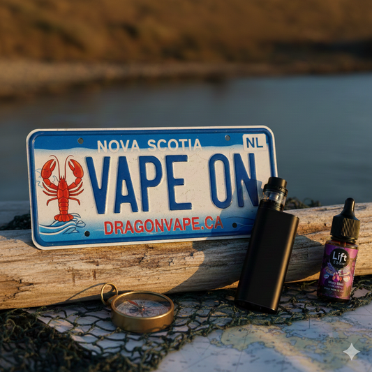 A Nova Scotia-themed license plate reads "VAPE ON," adorned with a red lobster. Beside it, a vape device, e-liquid bottle, and compass rest on driftwood by water