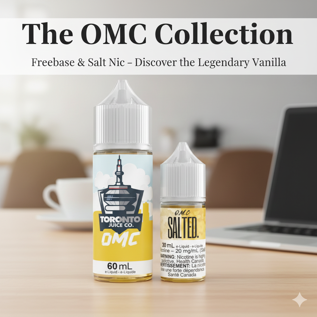 Bottles of vape e-liquid on a table: left, a 60ml bottle with Toronto skyline design; right, a 30ml bottle labeled “OMC Salted.” Background: blurred home office.