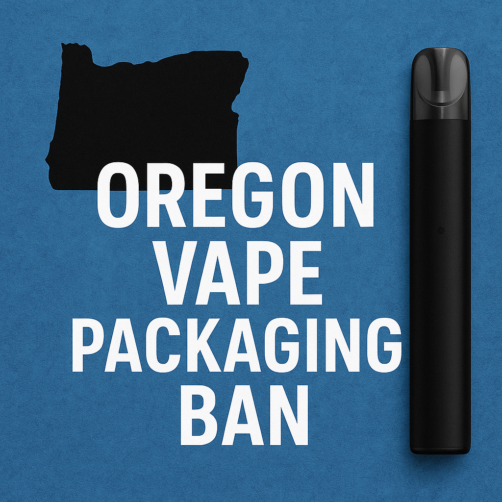 A blue background features a black outline of Oregon, with bold white text "Oregon Vape Packaging Ban." A black vape pen is on the right, emphasizing regulation.