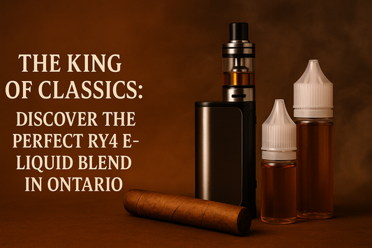 Hero banner featuring bold cream-colored text reading “The King of Classics: Discover the Perfect RY4 E-Liquid Blend in Ontario” on the left, with a premium vape mod, two amber RY4 e-liquid bottles
