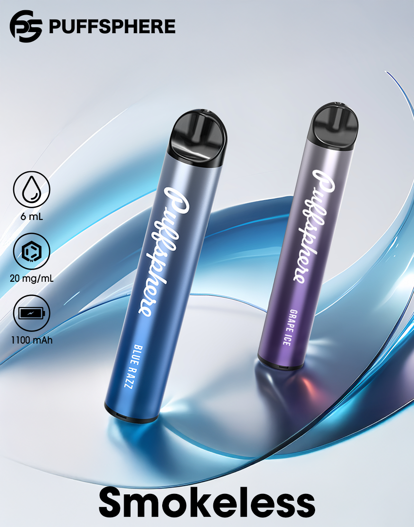 Two sleek, cylindrical vapes in blue and purple on a reflective surface. Text: "Puffsphere, Blue Razz, Grape Ice." Icons: 6 mL, 20 mg/mL, 1100 mAh. Mood: modern, sleek.