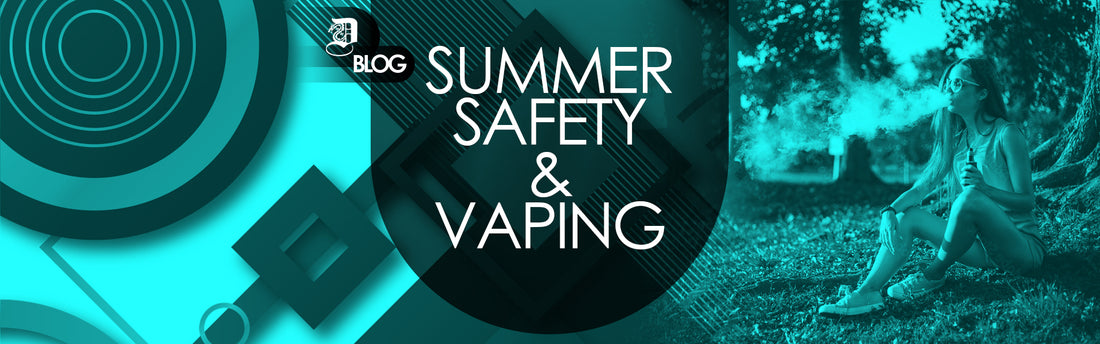 "summer safety and vaping" written on collage of abstract background and girl vaping and sitting outside on a hot summer day