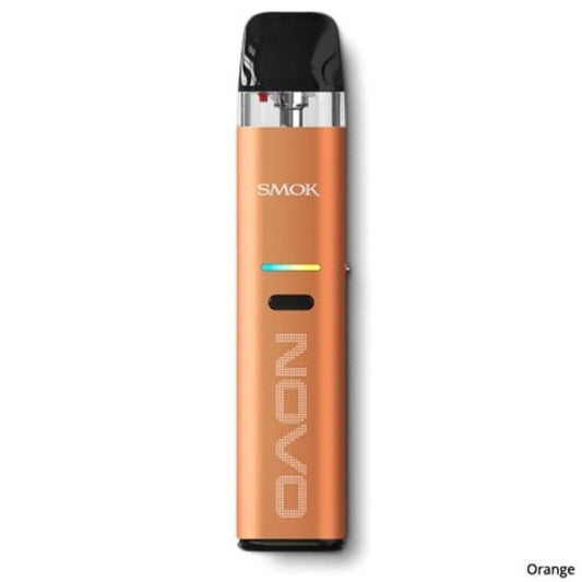 An orange vape device with a sleek design, featuring a transparent top, black mouthpiece, and "NOVO" logo. The tone is modern and stylish.
